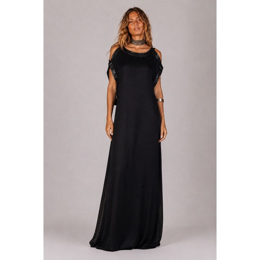 NWT Nina Ricci Black Silk Georgette Beaded Cold Shoulder Maxi Gown Dress FR 44 U